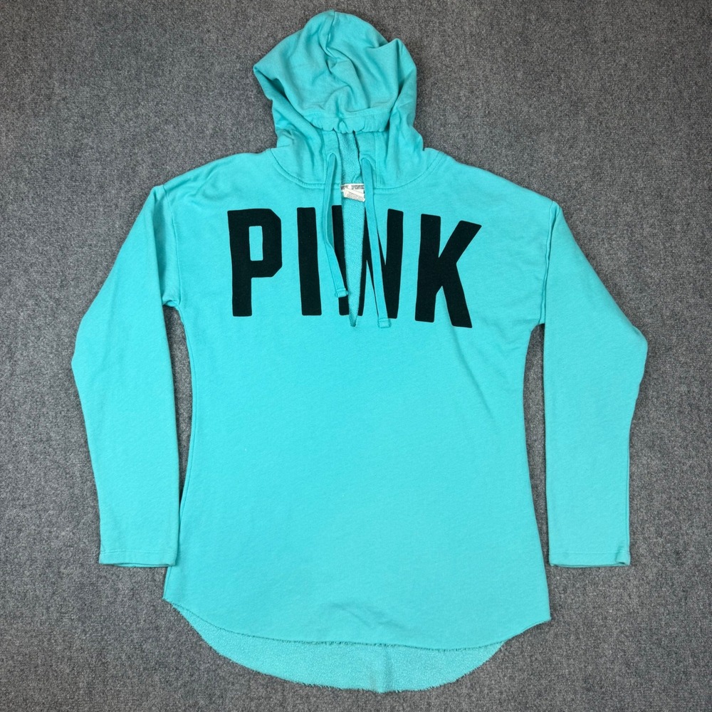 Victorias Secret PINK Hoodie Tunic Aqua Blue Black Logo Raw Hem Large